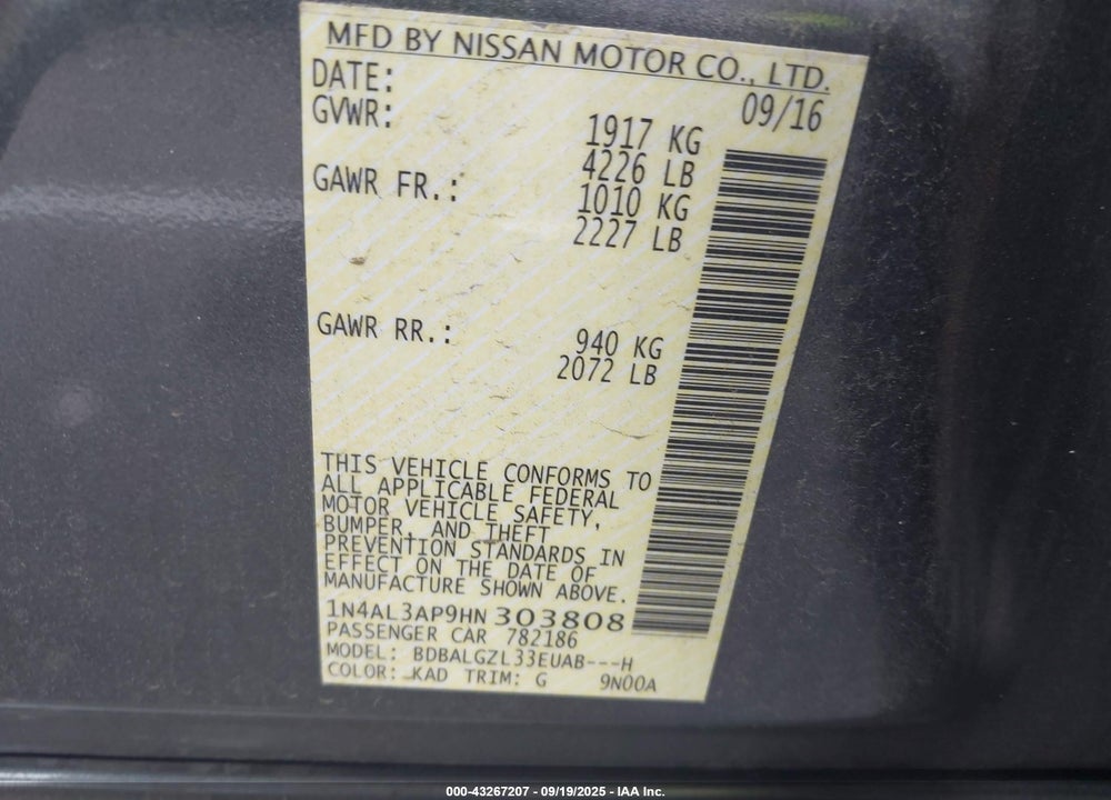 2017 NISSAN ALTIMA 2.5 S VIN: 1N4AL3AP9HN303808