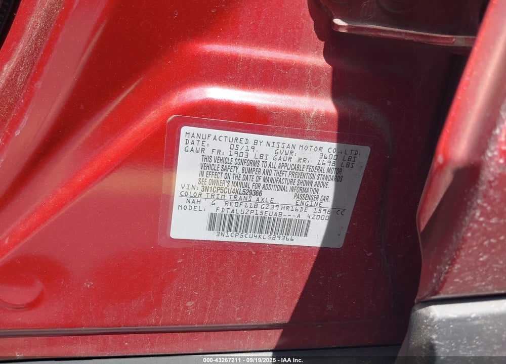2019 NISSAN KICKS VIN: 3N1CP5CU4KL529366