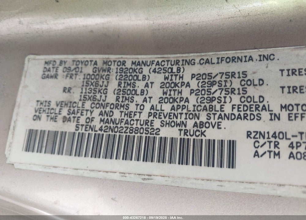 2002 TOYOTA TACOMA VIN: 5TENL42N02Z880522
