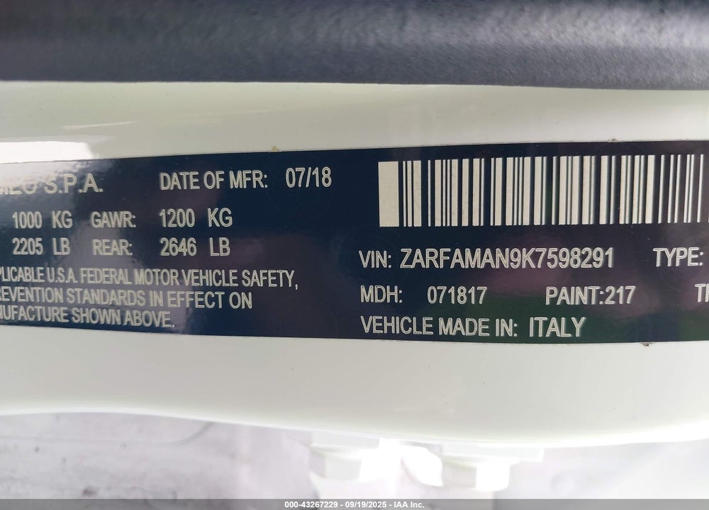 2019 ALFA ROMEO GIULIA SPORT RWD VIN: ZARFAMAN9K7598291