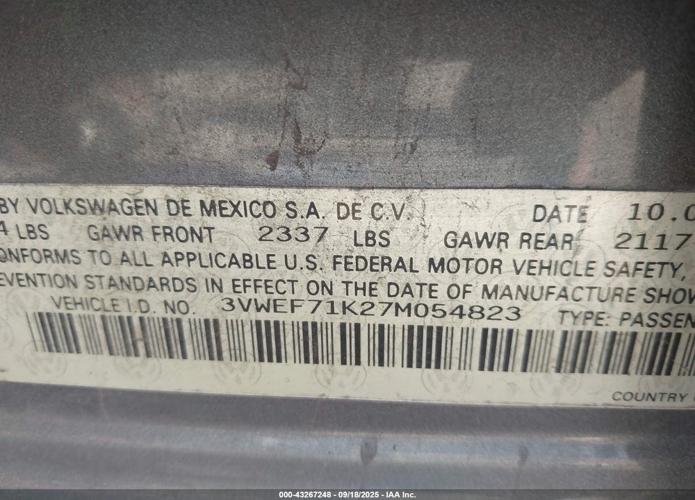 2007 VOLKSWAGEN JETTA VIN: 3VWEF71K27M054823