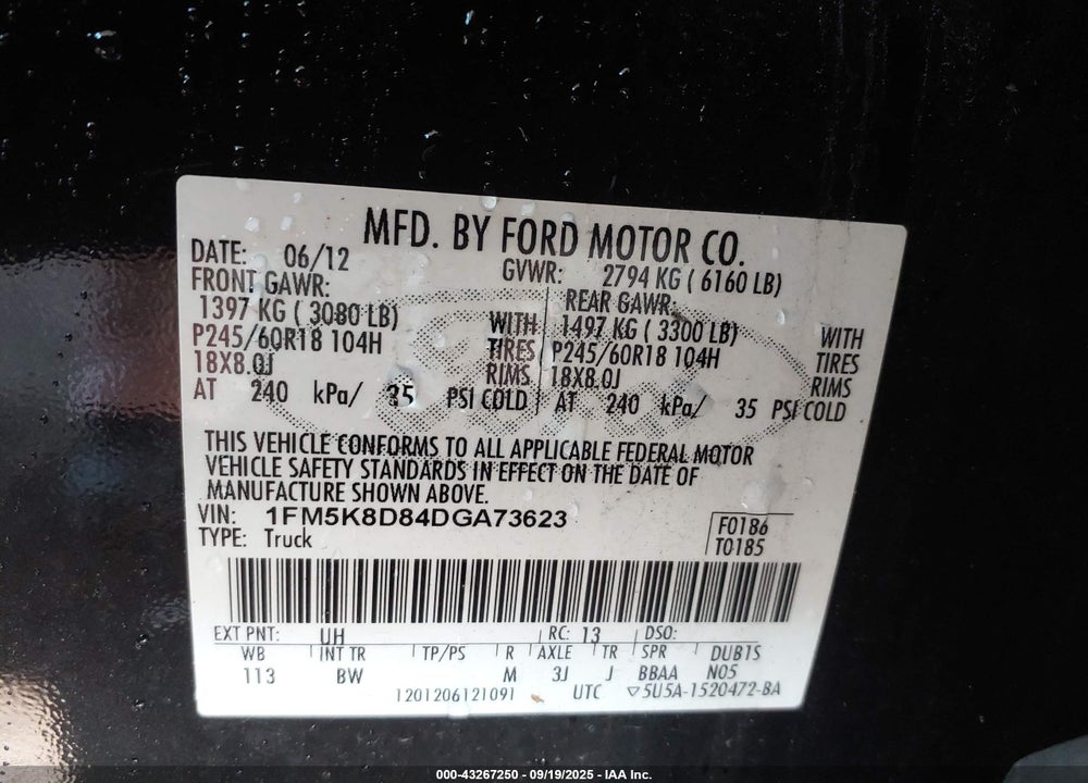 2013 FORD EXPLORER XLT VIN: 1FM5K8D84DGA73623
