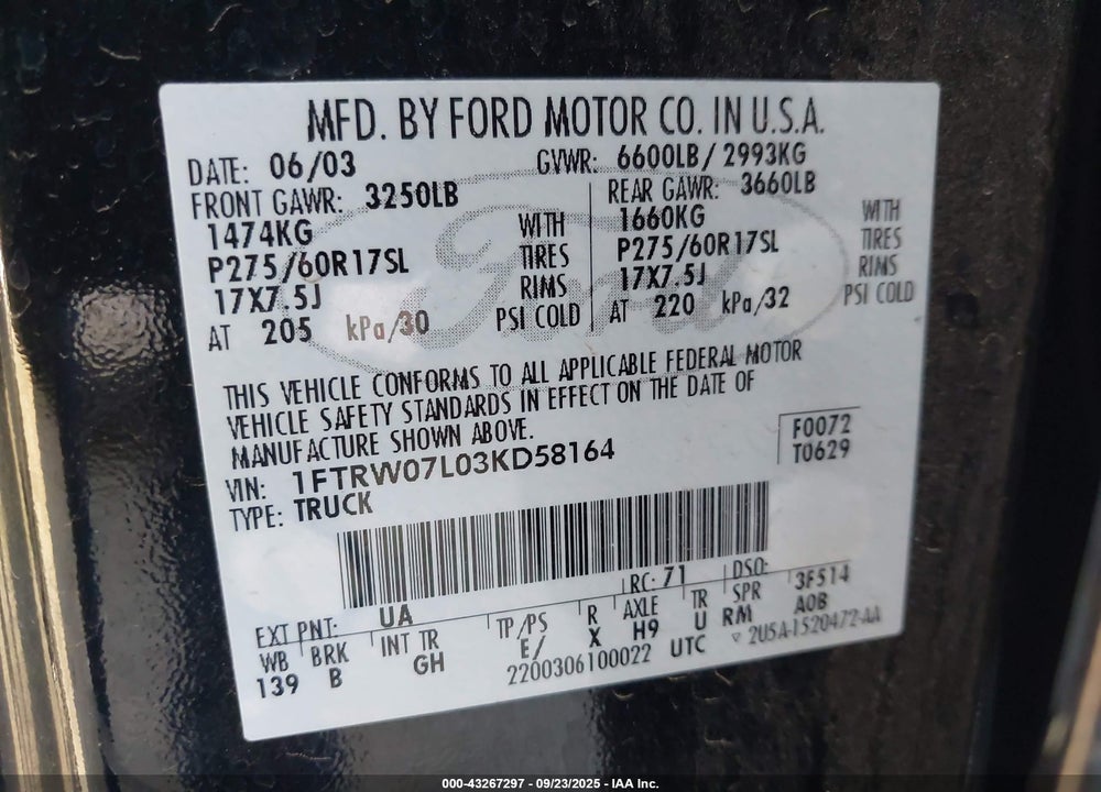 2003 FORD F-150 VIN: 1FTRW07L03KD58164