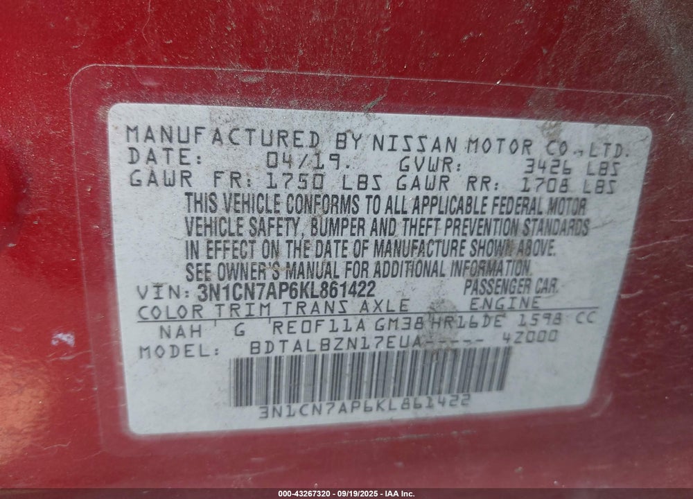 2019 NISSAN VERSA VIN: 3N1CN7AP6KL861422