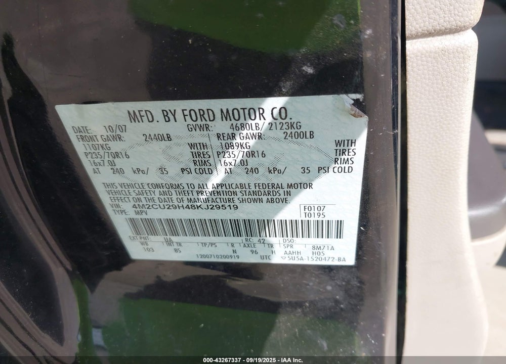 2008 MERCURY MARINER HYBRID VIN: 4M2CU29H48KJ29519