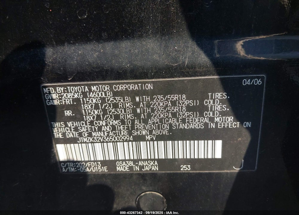 2006 TOYOTA RAV4 VIN: JTMZK32V365002994