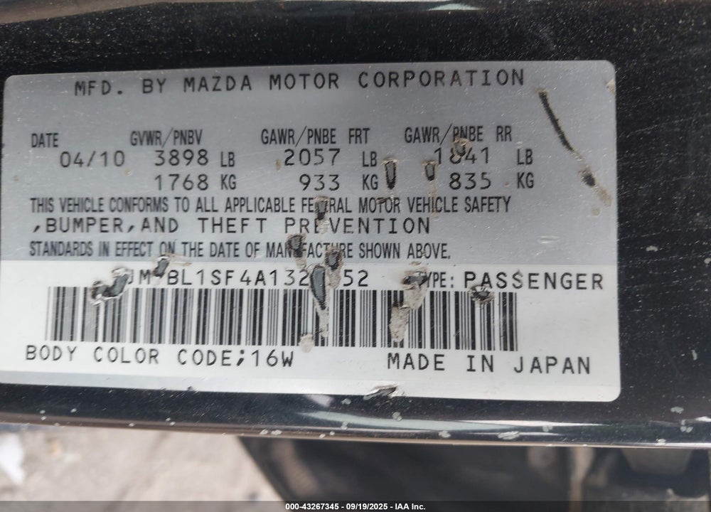 2010 MAZDA 3 VIN: JM1BL1SF4A1323552