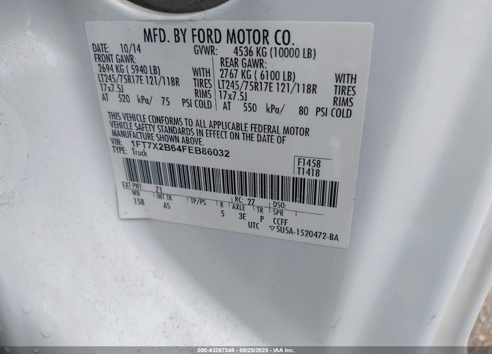 2015 FORD F-250 VIN: 1FT7X2B64FEB86032