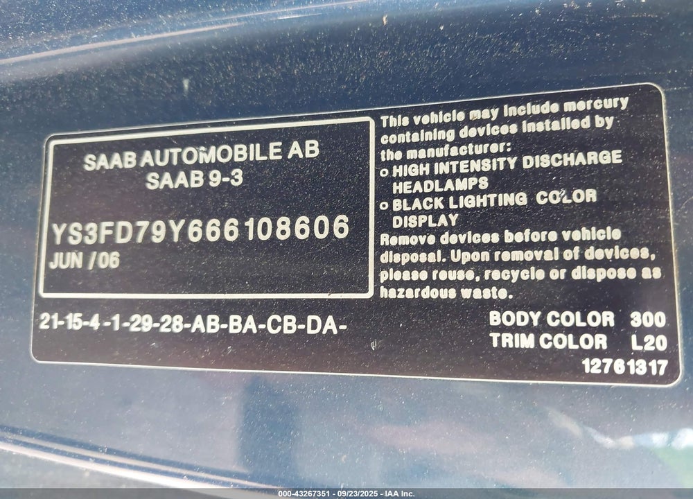 2006 SAAB 9 3 VIN: YS3FD79Y666108606