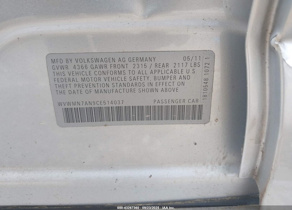 2012 VOLKSWAGEN CC R-LINE VIN: WVWMN7AN9CE514037