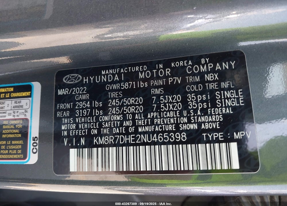 2022 HYUNDAI PALISADE CALLIGRAPHY VIN: KM8R7DHE2NU465398