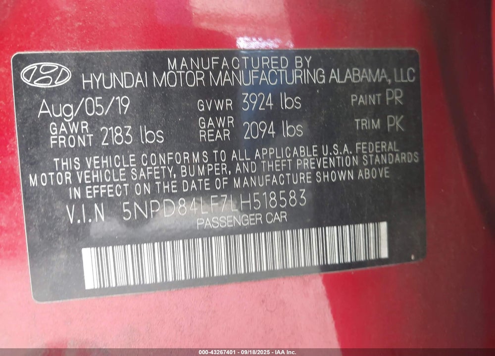 2020 HYUNDAI ELANTRA LIMITED VIN: 5NPD84LF7LH518583