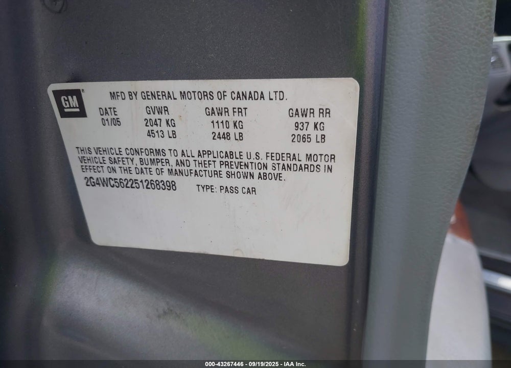 2005 BUICK LACROSSE CX VIN: 2G4WC562251268398