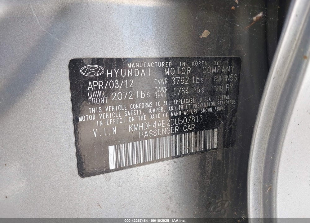 2013 HYUNDAI ELANTRA VIN: KMHDH4AE2DU507813