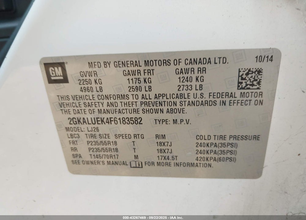 2015 GMC TERRAIN VIN: 2GKALUEK4F6183582