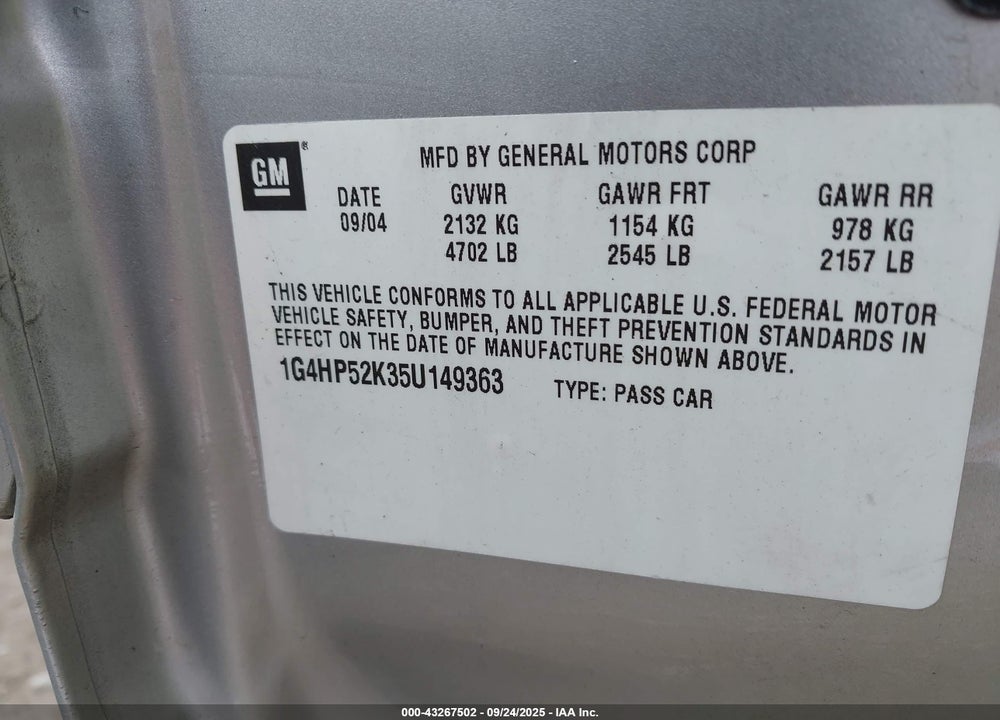 2005 BUICK LESABRE CUSTOM VIN: 1G4HP52K35U149363