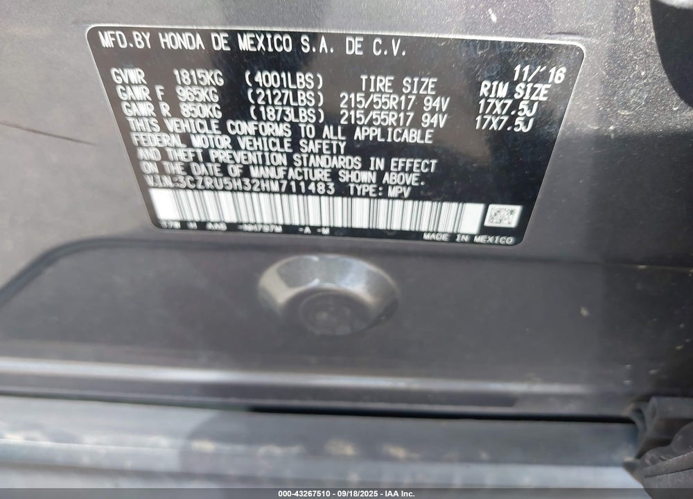 2017 HONDA HR-V VIN: 3CZRU5H32HM711483