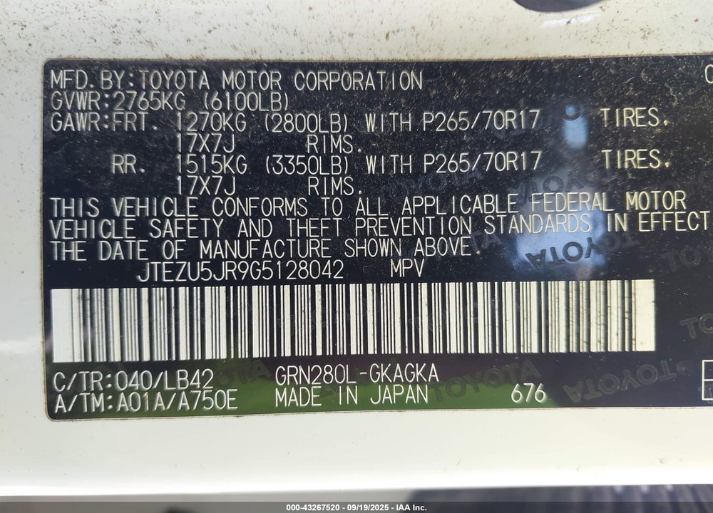 2016 TOYOTA 4RUNNER SR5 PREMIUM VIN: JTEZU5JR9G5128042
