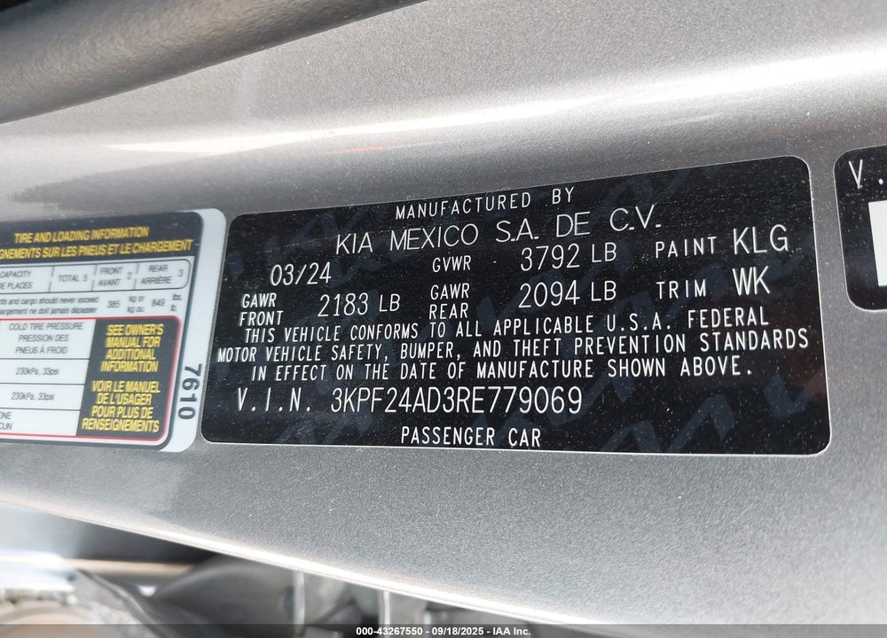 2024 KIA FORTE VIN: 3KPF24AD3RE779069