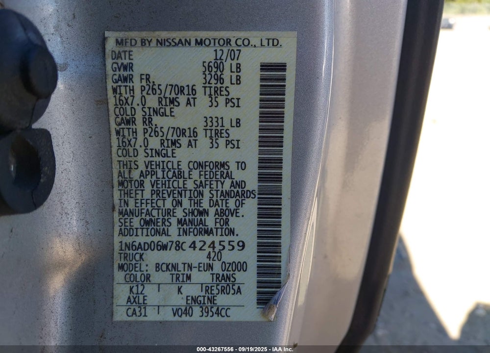2008 NISSAN FRONTIER VIN: 1N6AD06W78C424559