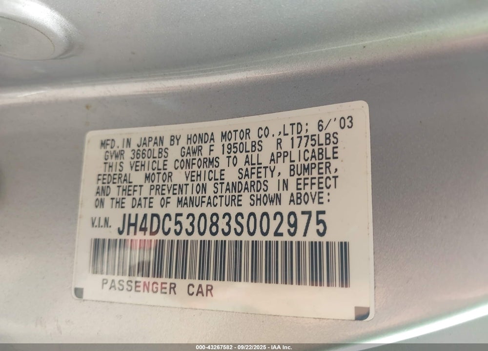 2003 ACURA RSX TYPE-S VIN: JH4DC53083S002975