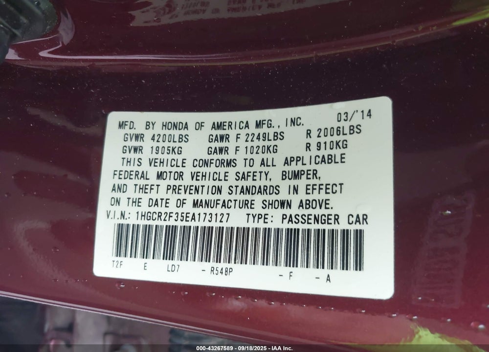 2014 HONDA ACCORD LX VIN: 1HGCR2F35EA173127