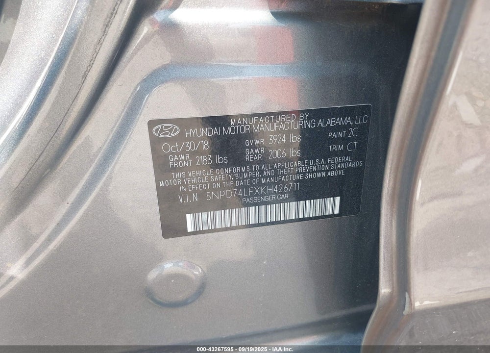 2019 HYUNDAI ELANTRA VIN: 5NPD74LFXKH426711