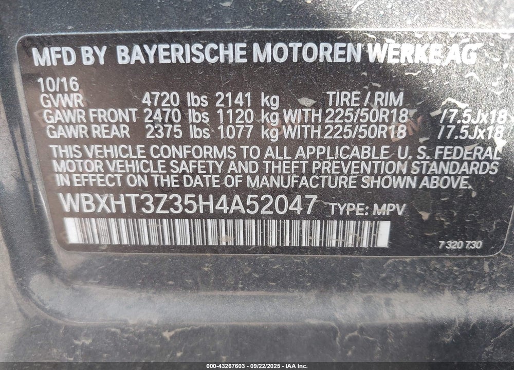 2017 BMW X1 VIN: WBXHT3Z35H4A52047