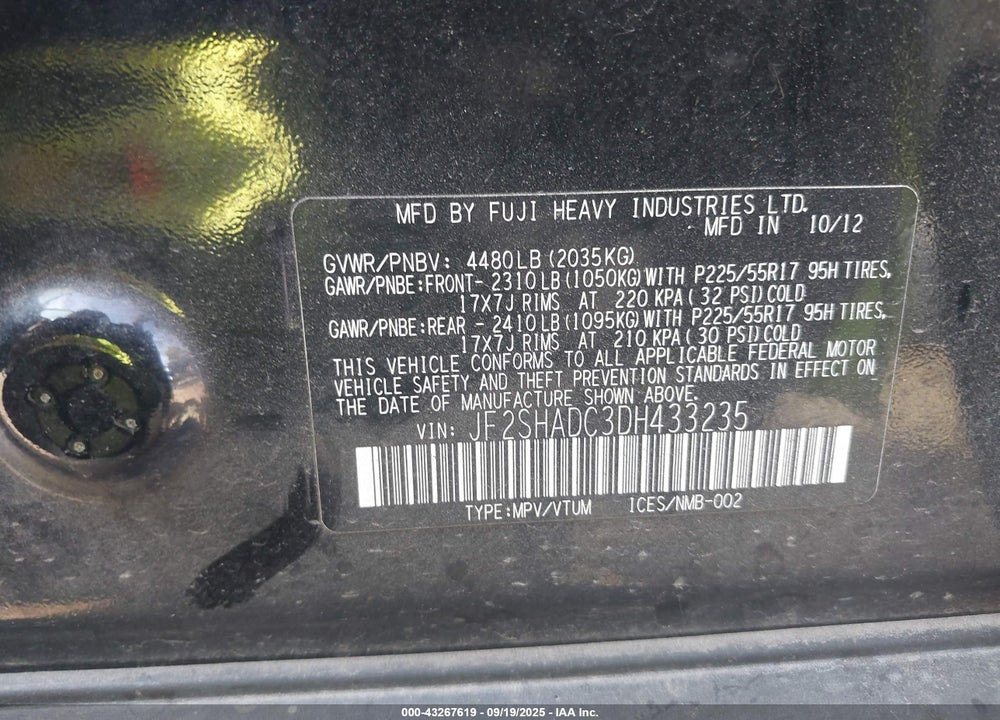 2013 SUBARU FORESTER VIN: JF2SHADC3DH433235