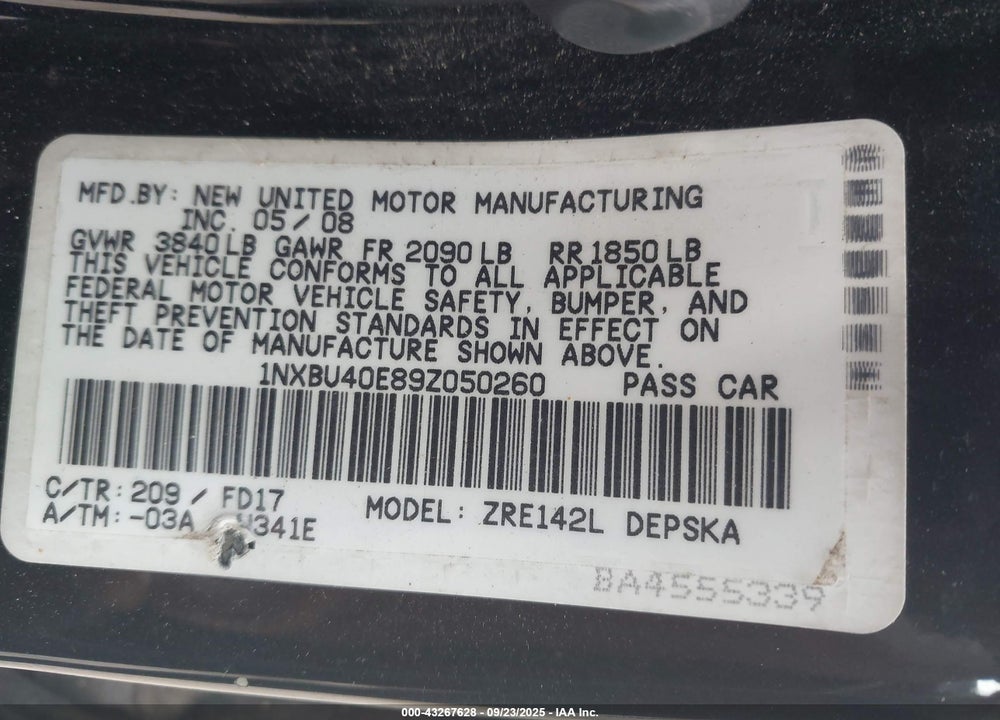 2009 TOYOTA COROLLA S VIN: 1NXBU40E89Z050260