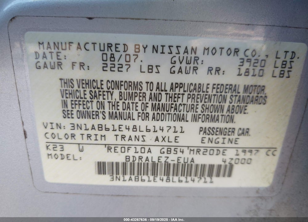 2008 NISSAN SENTRA 2.0S VIN: 3N1AB61E48L614711