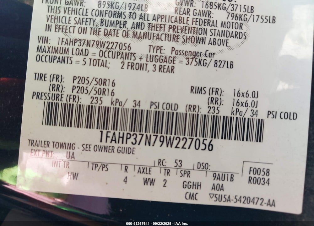 2009 FORD FOCUS VIN: 1FAHP37N79W227056