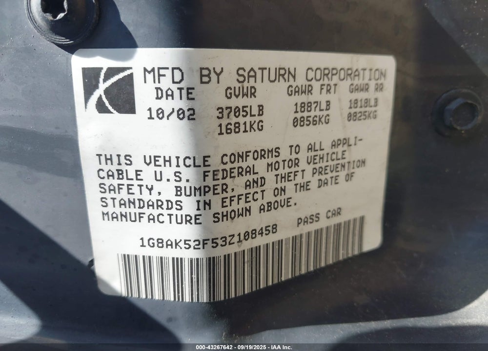 2003 SATURN ION LEVEL 3 VIN: 1G8AK52F53Z108458