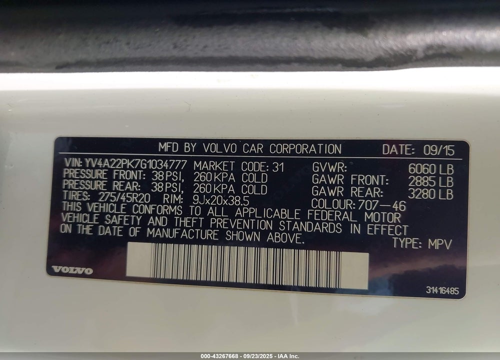 2016 VOLVO XC90 VIN: YV4A22PK7G1034777