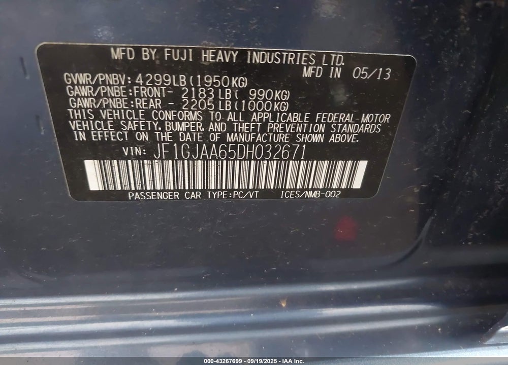 2013 SUBARU IMPREZA VIN: JF1GJAA65DH032671
