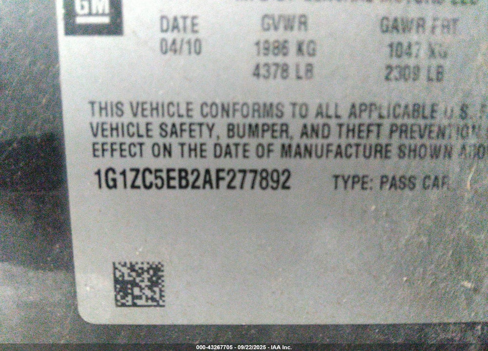2010 CHEVROLET MALIBU VIN: 1G1ZC5EB2AF277892