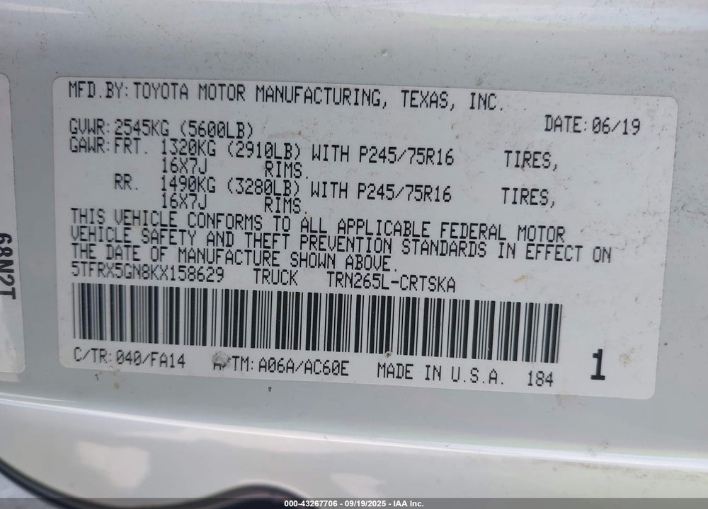 2019 TOYOTA TACOMA VIN: 5TFRX5GN8KX158629