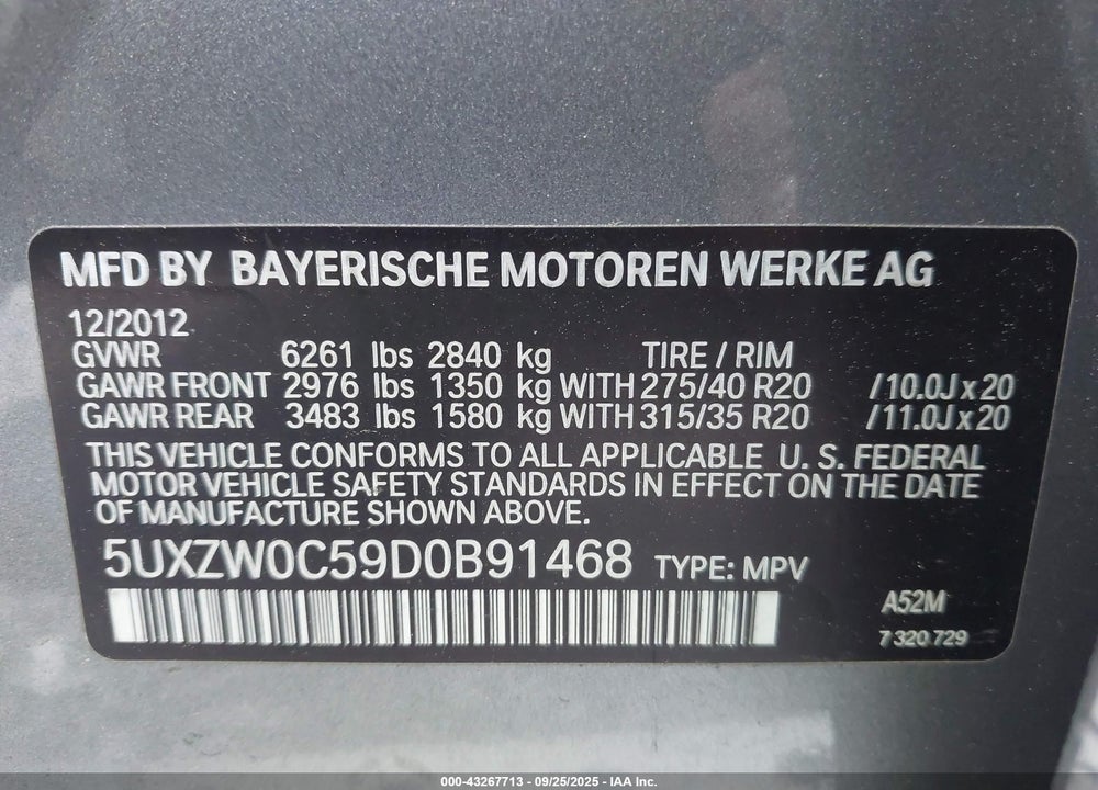 2013 BMW X5 VIN: 5UXZW0C59D0B91468