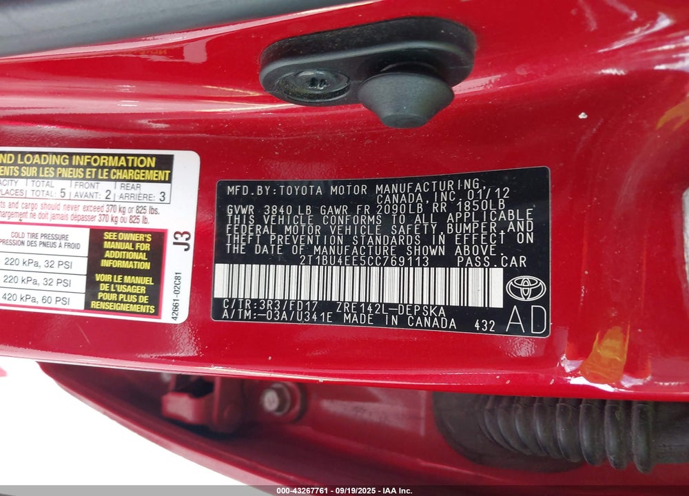 2012 TOYOTA COROLLA VIN: 2T1BU4EE5CC769113