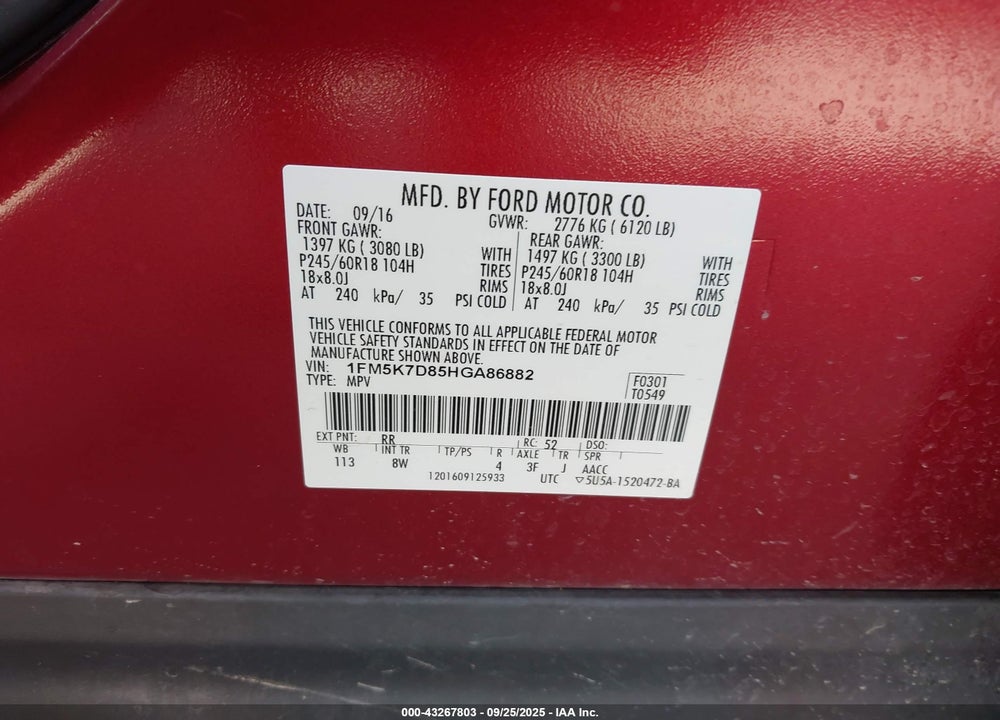 2017 FORD EXPLORER XLT VIN: 1FM5K7D85HGA86882