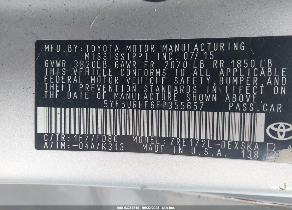 2015 TOYOTA COROLLA S PLUS VIN: 5YFBURHE6FP355657