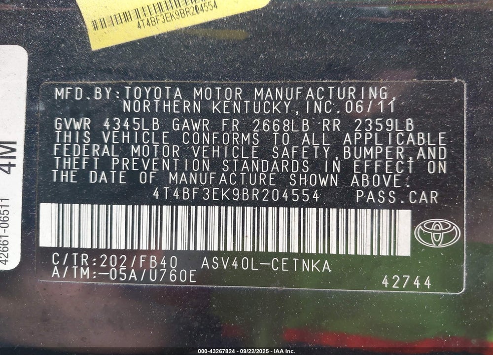 2011 TOYOTA CAMRY LE VIN: 4T4BF3EK9BR204554