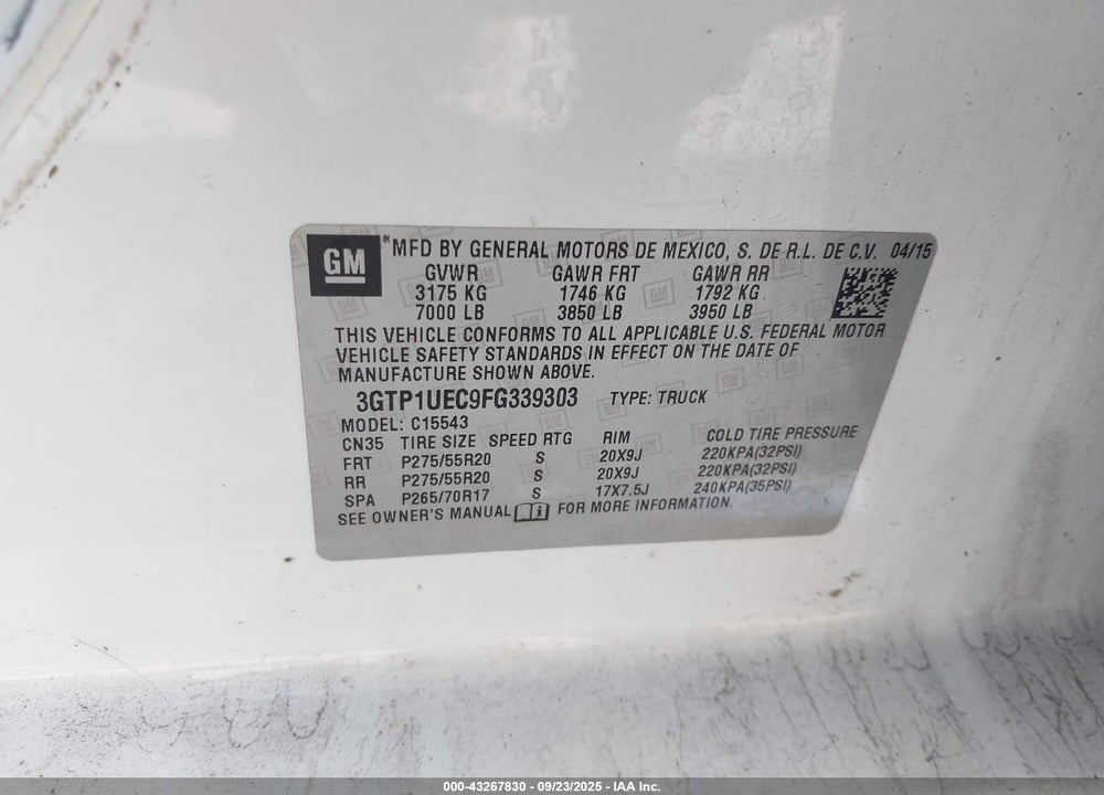 2015 GMC SIERRA 1500 VIN: 3GTP1UEC9FG339303