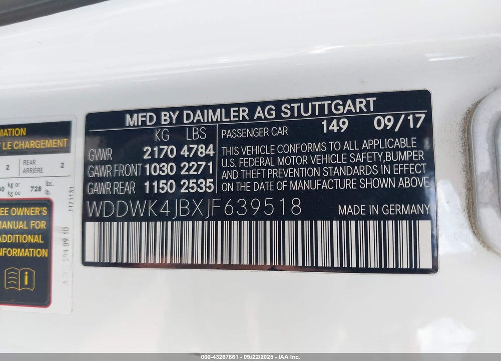 2018 MERCEDES-BENZ C CLASS VIN: WDDWK4JBXJF639518