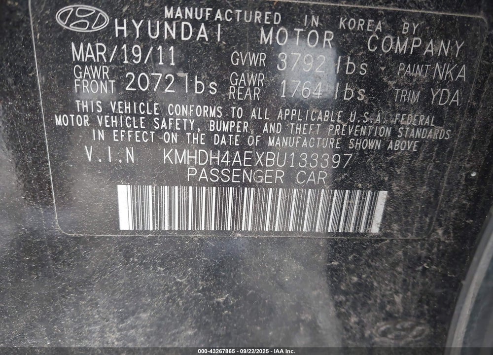 2011 HYUNDAI ELANTRA LIMITED (ULSAN PLANT) VIN: KMHDH4AEXBU133397