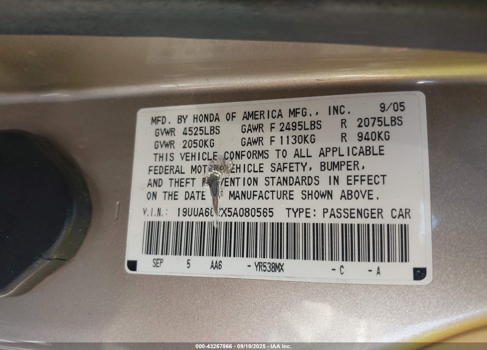 2005 ACURA TL VIN: 19UUA662X5A080565