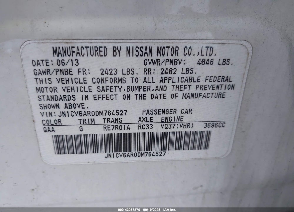 2013 INFINITI G37X VIN: JN1CV6AR0DM764527