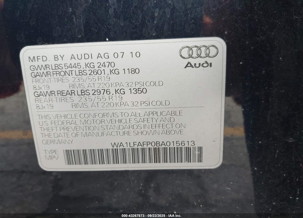 2011 AUDI Q5 VIN: WA1LFAFP0BA015613
