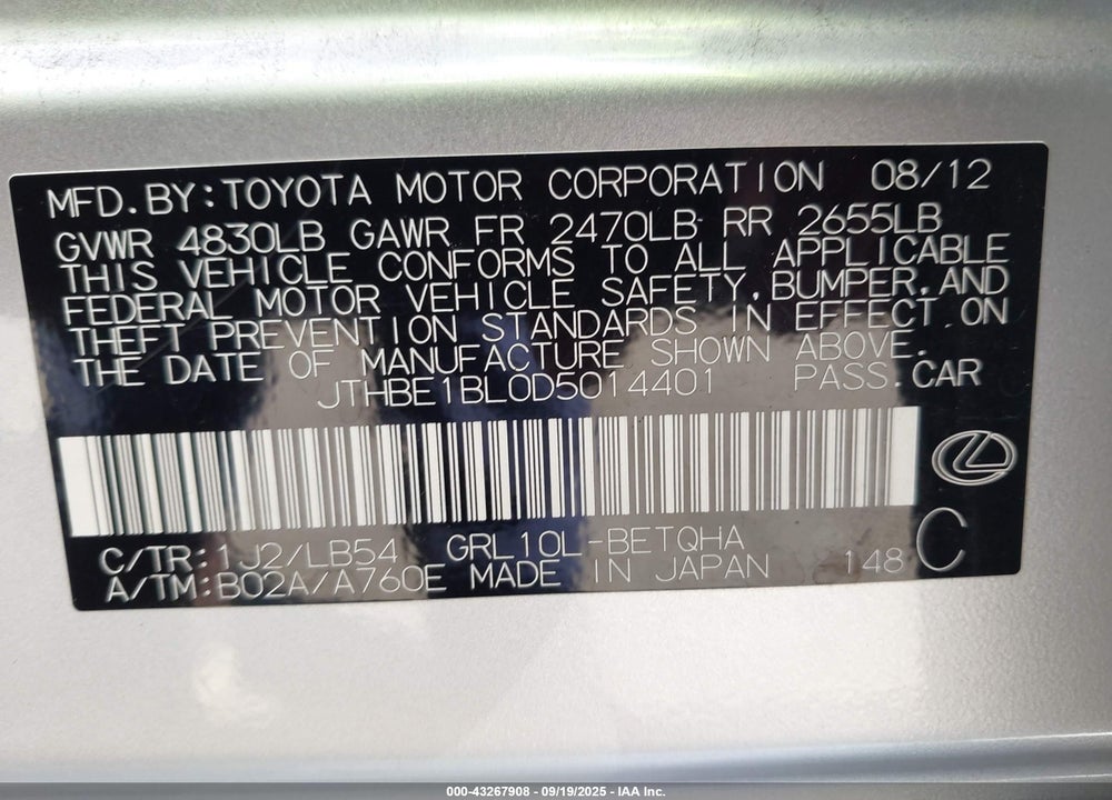 2013 LEXUS GS 350 VIN: JTHBE1BL0D5014401