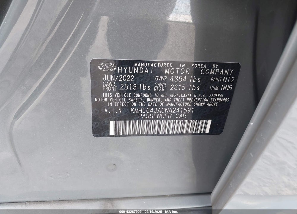 2022 HYUNDAI SONATA VIN: KMHL64JA3NA241591